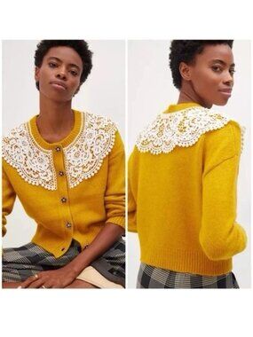 Maeve By Anthropologie Mustard Cardigan With Lace Collar Floral Buttons Size M